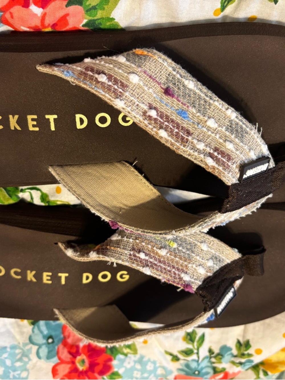 Rocket Dog Brown Footbed Flip Flops with Multicolor Fabric Straps - Picture 2 of 3